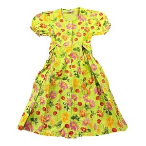 Vintage Next Girls Lime Green Floral Cherry Fruit Print Cotton Dress Size 7/8
